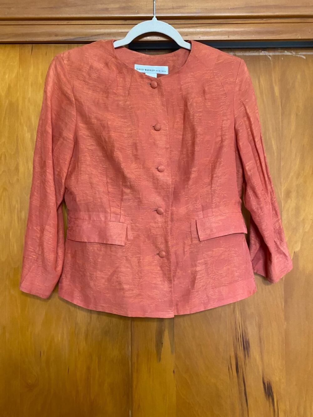 Coral Silk Linen Floral Pattern Textured Jacket Blazer 3/4 Lightweight Day Event